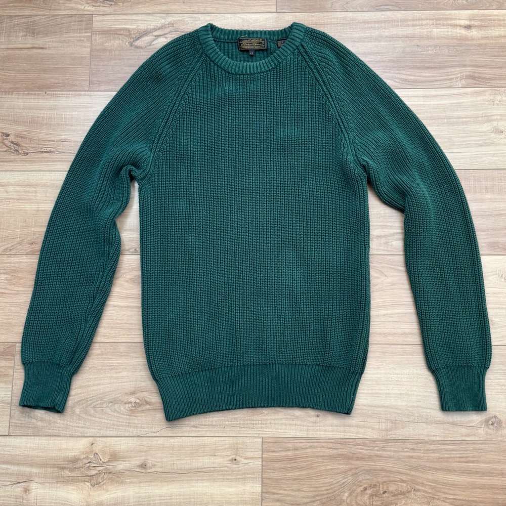 Vintage Eddie Bauer Forest Green Shaker Knit Cotton Sweater Mens LT Raglan